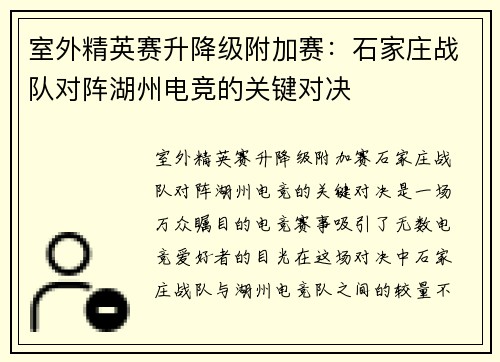 室外精英赛升降级附加赛：石家庄战队对阵湖州电竞的关键对决