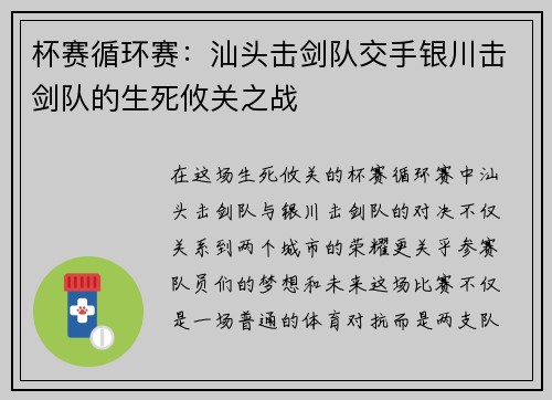 杯赛循环赛：汕头击剑队交手银川击剑队的生死攸关之战