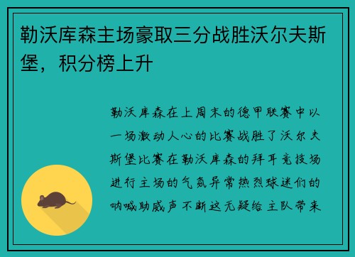 勒沃库森主场豪取三分战胜沃尔夫斯堡，积分榜上升